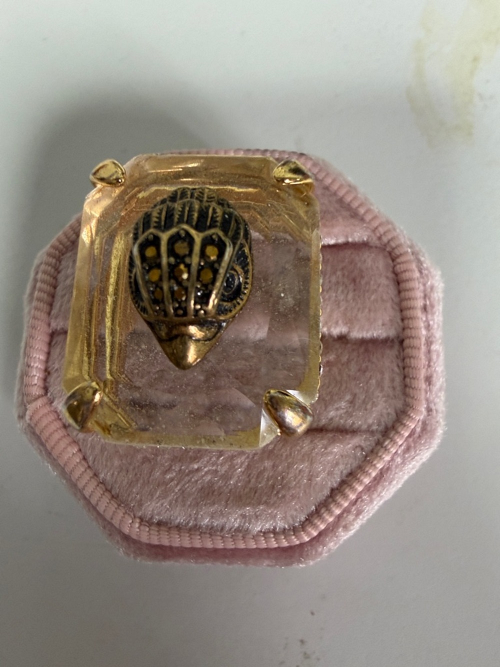 Kurt Geiger Gold-Tone Ring with Clear Pink Crystal Shield Accent